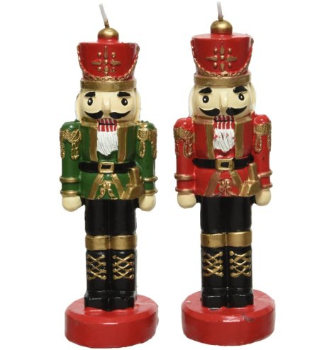 An assortment of 2 enchanting nutcracker candles in red and green colours. Each is beautifully detailed with gold.