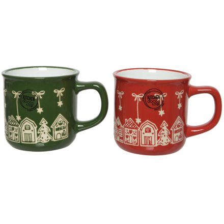 2 Assorted Green & Red Xmas Mugs, 8.6cm