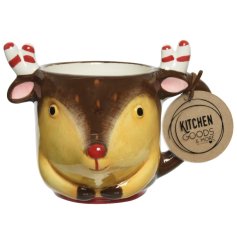 A cute and unique reindeer shape Christmas mug with charming details.