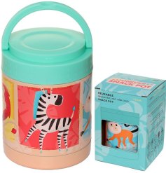 A stainless hot and cold thermal insulated lunch/snack pot with carry handle. In a cute and colourful zoo animal design.