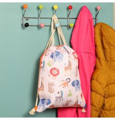 A cute and colourful drawstring bag with a zoo animal design. 