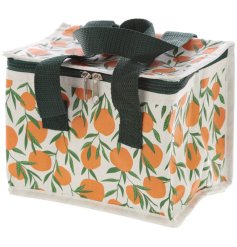 A bright and colourful woven cool bag lunch bag with a delicious oranges design 