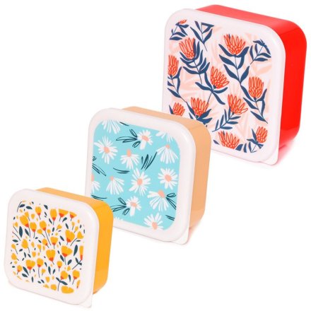 A set of 3 colourful and contemporary floral design food boxes. 