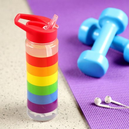A colourful rainbow design reusable water bottle with flip straw. 