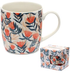 A bold and beautiful Protea floral mug with matching gift box.