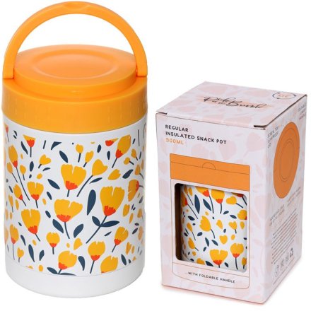 A bright and beautiful buttercup design insulated lunch/snack pot. Stainless hot and cold thermal with carry handle.