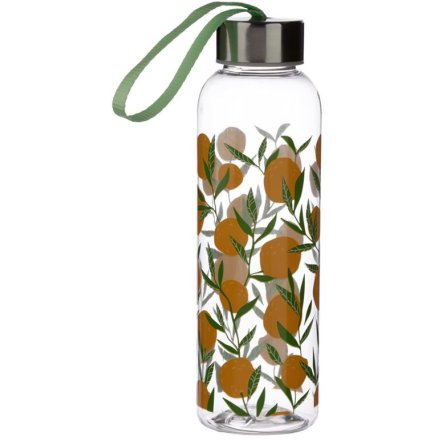 A fresh and vibrant reusable water bottle with metallic lid and carry handle. 