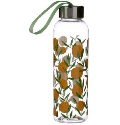 A fresh and vibrant reusable water bottle with metallic lid and carry handle. 