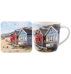 A charming mug and coaster set in a seaside design