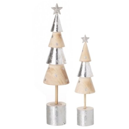 Set of 2 Silver & Wood Cone Trees