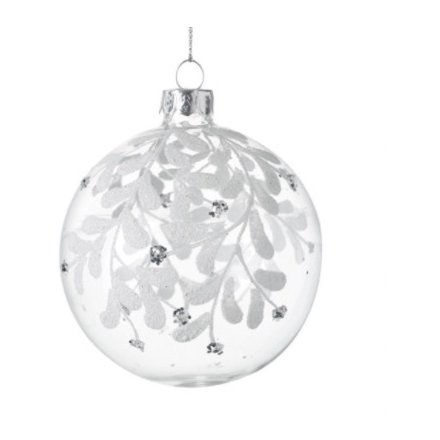 Clear Glass Bauble With White Leaves, 8cm