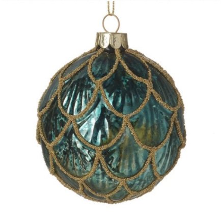 Green Glass Bauble With Gold Detailing, 8cm