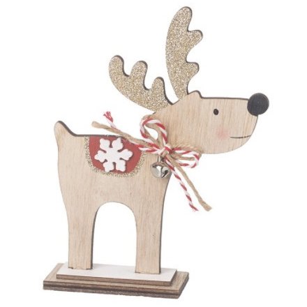 Sml Wooden Standing Reindeer With Bell
