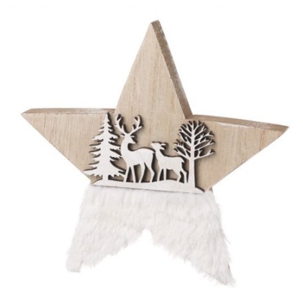 Wooden & White Fur Star Deer Decoration