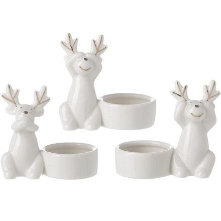 3 Assorted White Porcelain Reindeer T Lights