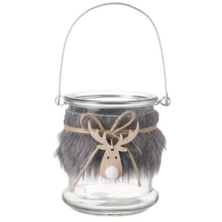 Fur Reindeer Glass Jar With Handle Small