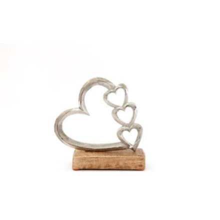 Silver Hearts On Wood Base 17cm