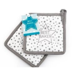 A charming set of 2 'Best Baker' themed fabric pot holders
