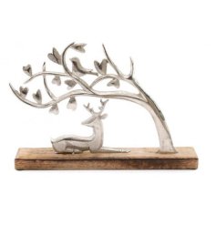 A lovely wooden ornament featuring a silver metal reindeer 