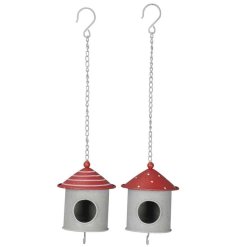 An assortment of 2 charming hanging bird houses with hooks for bird food. 