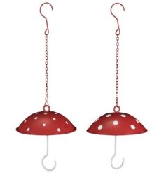 A mix of 2 charming hanging toadstool decorations with hooks. Perfect for displaying plants and other hanging objects.