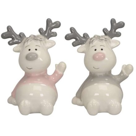 2 Assorted Pink & Grey Reindeer Ornaments, 9cm