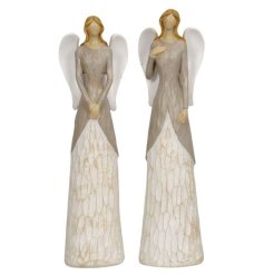 A rough luxe inspired assortment of 2 wooden angel decorations