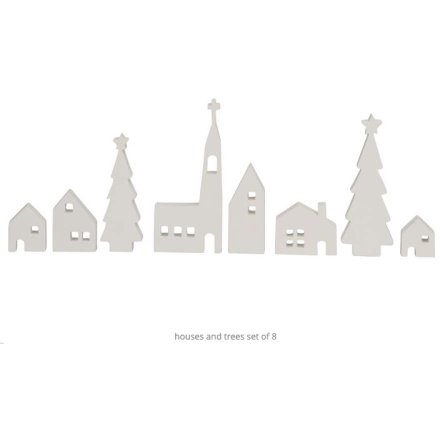 A wooden house & tree set featuring white colourways