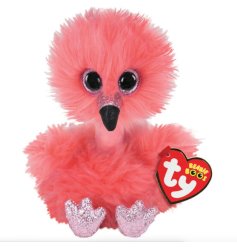 A fluffy pink Franny the Flamingo with wide gazing glittery eyes 