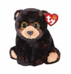 A super fluffy brown bear soft toy with wide gazing glittery eyes 