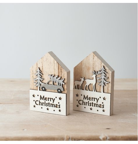 A festive assortment of 2 wooden house decorations