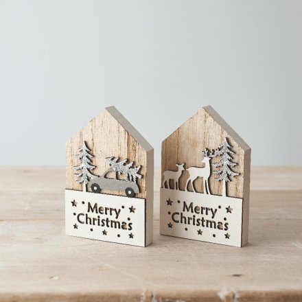 A festive assortment of 2 wooden house decorations