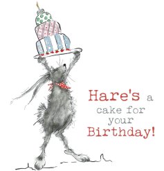 A fun greetings card featuring a hare wearing a polka dot neck handkerchief