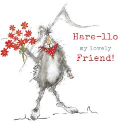 A colourful greetings card, featuring a hare holding a bunch of red daisies