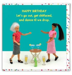 A colourful and quirky adults only greetings card with a unique doll model design. 