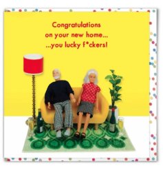 A comical greetings card to congratulate a new couple on their new home