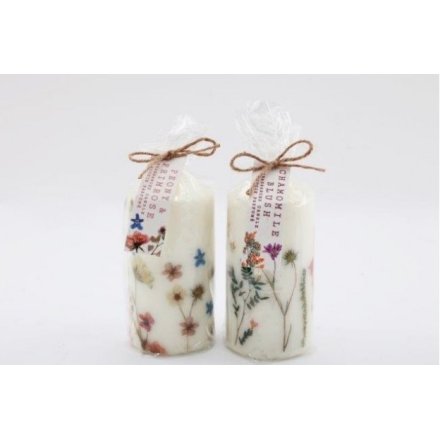 2 Assorted Pillar Candle W/flowers, 12cm