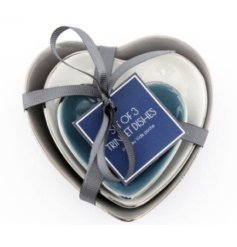 A charming set of 3 white, blue and grey heart trinket dishes