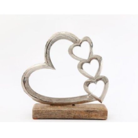 Silver Hearts On Wood Base 23cm