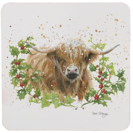 Christmas Highland Cow Set 4 Coasters