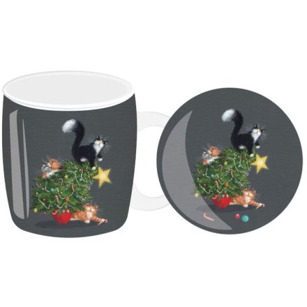 Kim Haskins Christmas Cats Porcelain Mug & Coaster Set