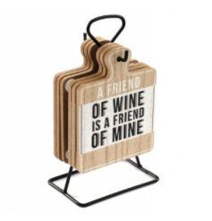 A set of 6 humorous wine themed coasters. Printed onto miniature chopping boards and hung from stand. 