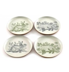 A set of 4 beautifully illustrated coasters featuring a toille inspired image of a fox and rabbit in earthy hues.