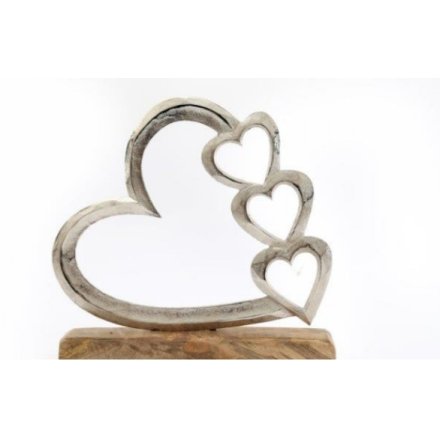 Silver Hearts On Wood Base 29cm