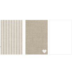 A pack of 3 natural coloured tea towels including a chic stripe and heart design. 