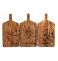 A charming assortment of 3 etched wooden chopping boards