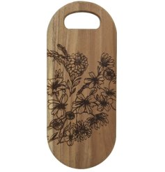 A rustic styled wooden oval chopping board