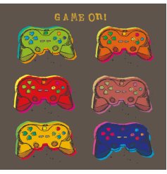 A bright and bold gaming themed greetings card. The colourful artwork makes for an eye catching design. 