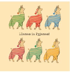 A fun and funky greetings card with hand drawn llamas in pyjamas. 
