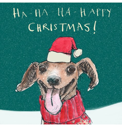 A beautifully drawn Christmas card with a jolly dog dressed as Santa. 